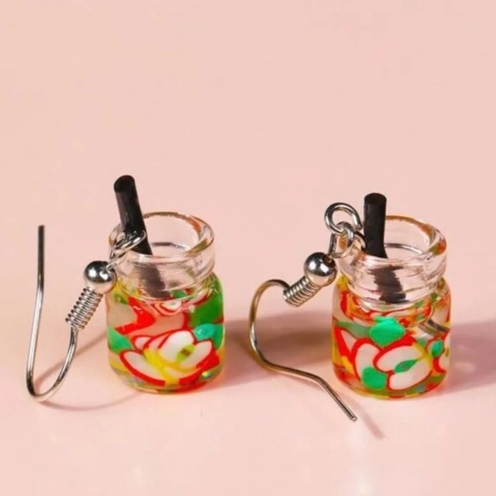 New Handmade Summer Fruity Apple Slice Glass S925 Sterling Silver Earrings